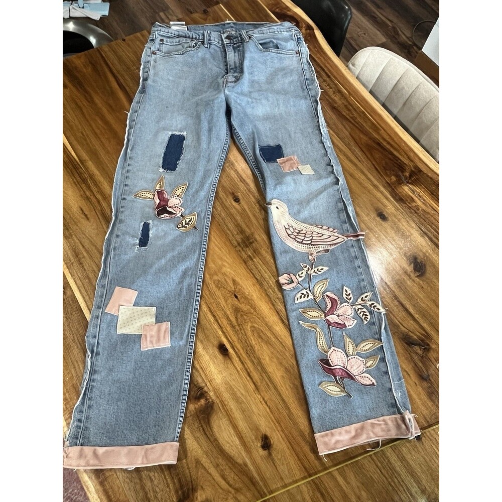 Levi’s 505 34x32 Handmade Upcycled Jeans Bird Floral Patchwork Boho OOAK